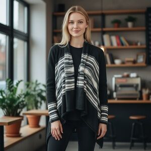 Remain gray, black and white asymmetrical open front sweater.